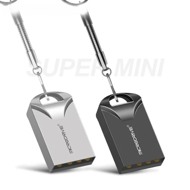 Compact black and silver metal USB flash drive showing mini size and high-speed capacity options.