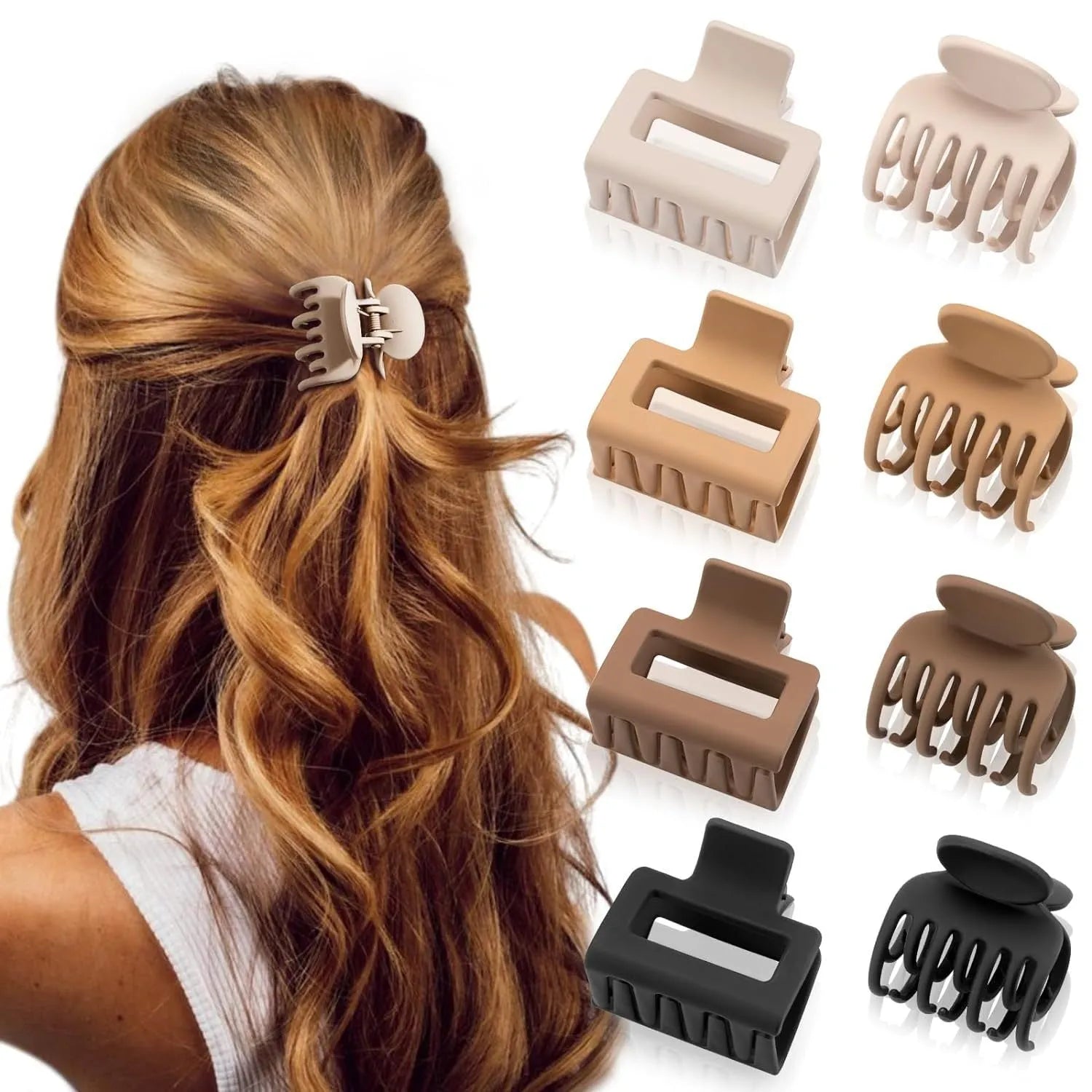 Set of six nude-coloured plastic hair clips with a quadrilateral shape and frosted grip.