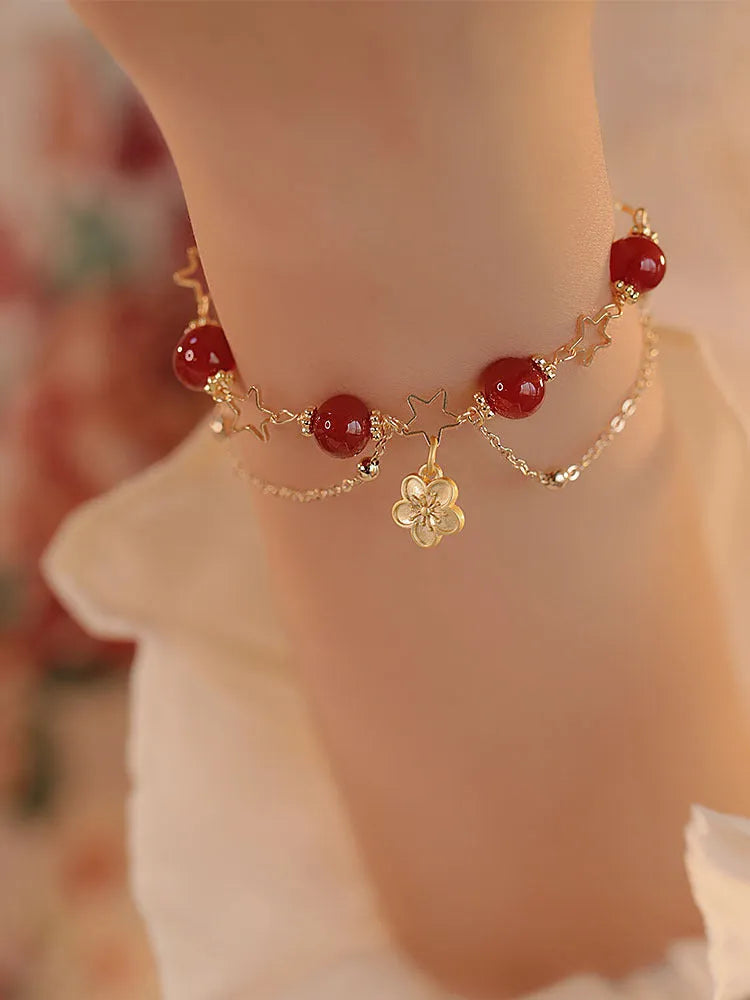 Natural red agate double layer bracelet with floral peach blossom design for women