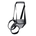 Grey neoprene dog rear leg recovery support belt shown with size chart.