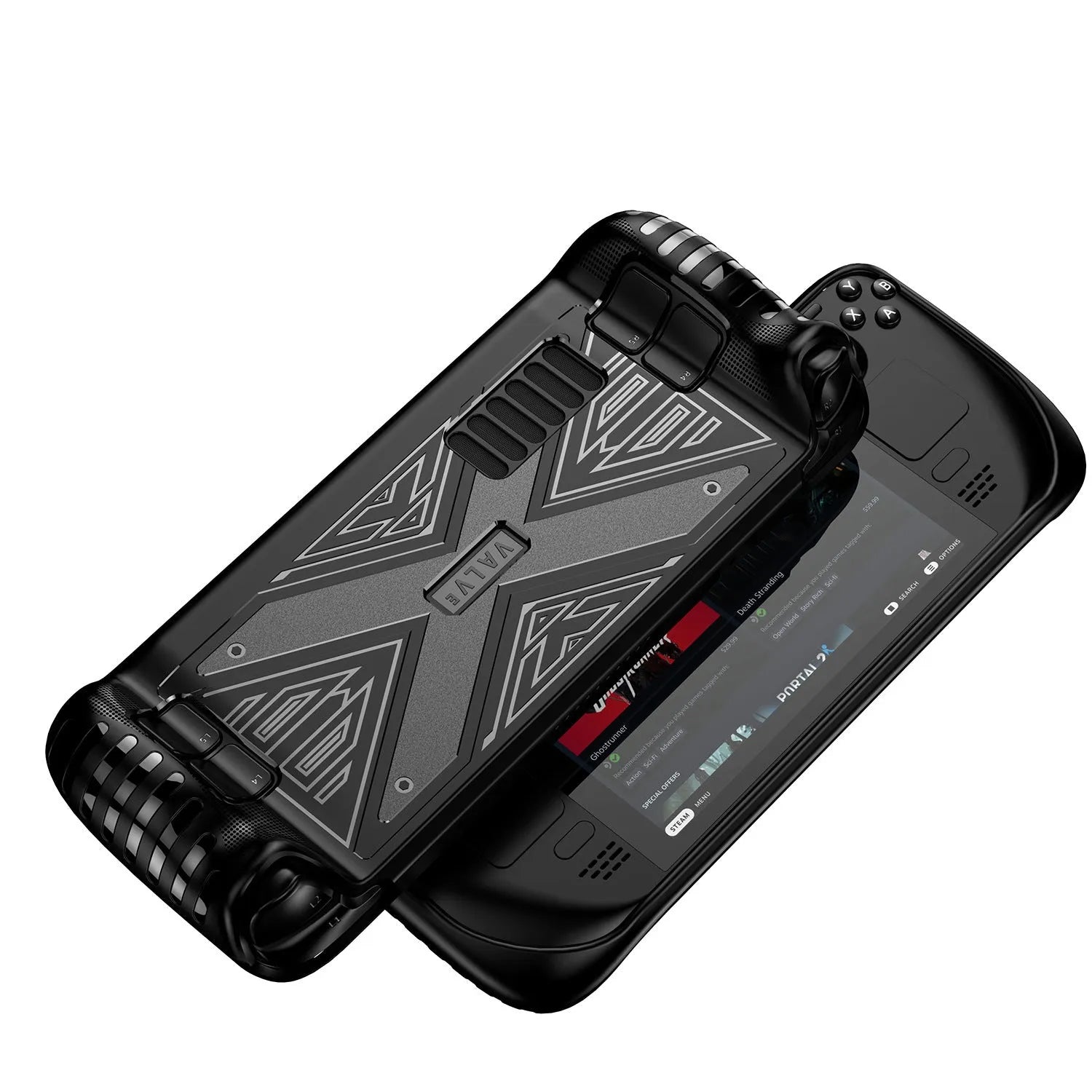 Steam Deck gaming console inside a soft TPU protective case, shown in red colour.