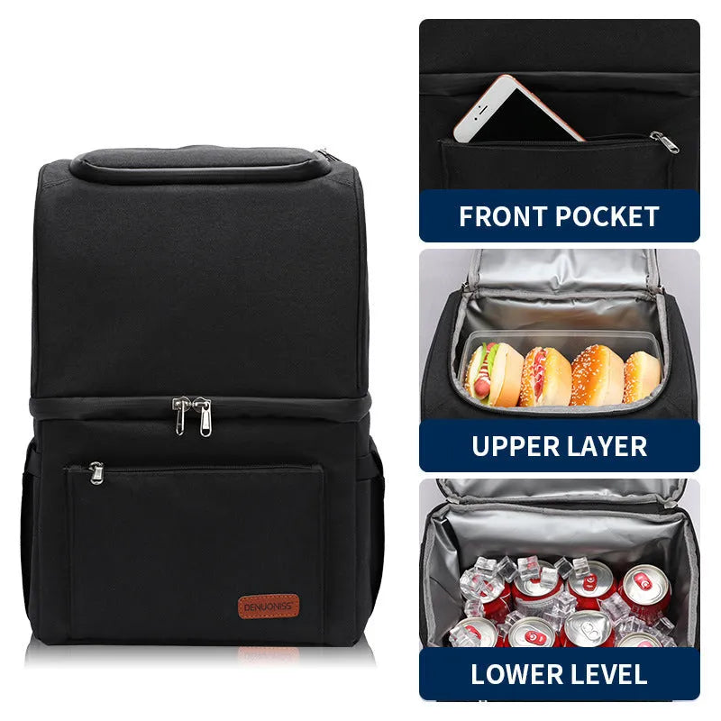 Blue double-layer insulated picnic backpack with shoulder straps and 22-litre capacity.