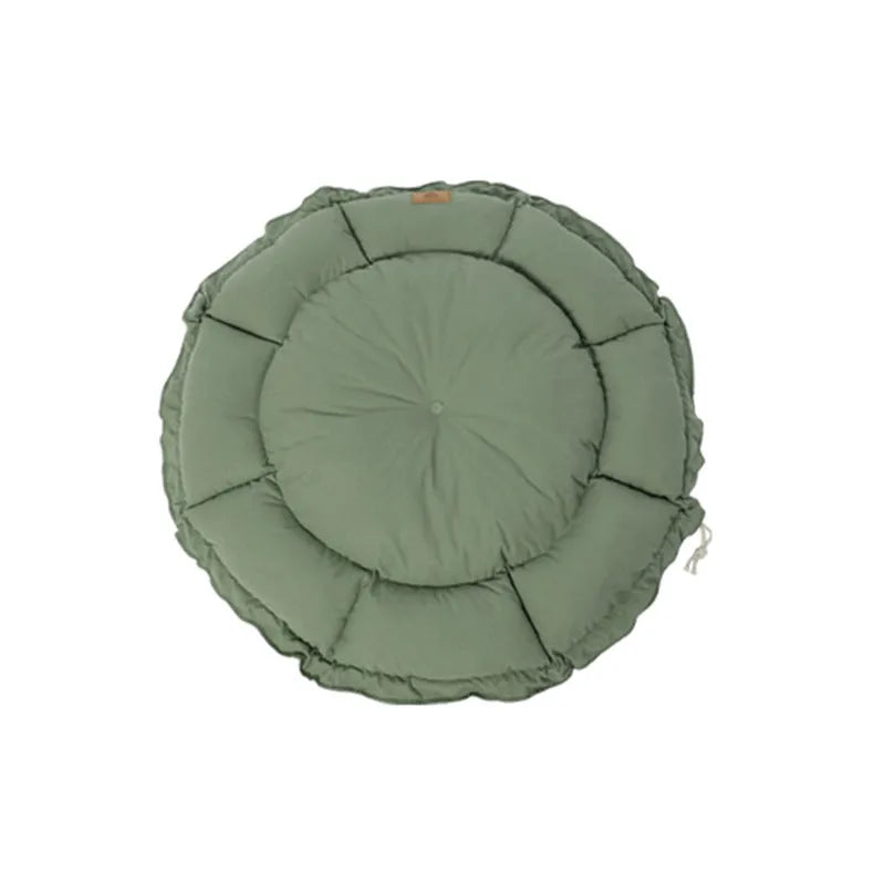 Grey and green reversible donut-shaped pet bed for cats and puppies, shown in small, medium, and large sizes.