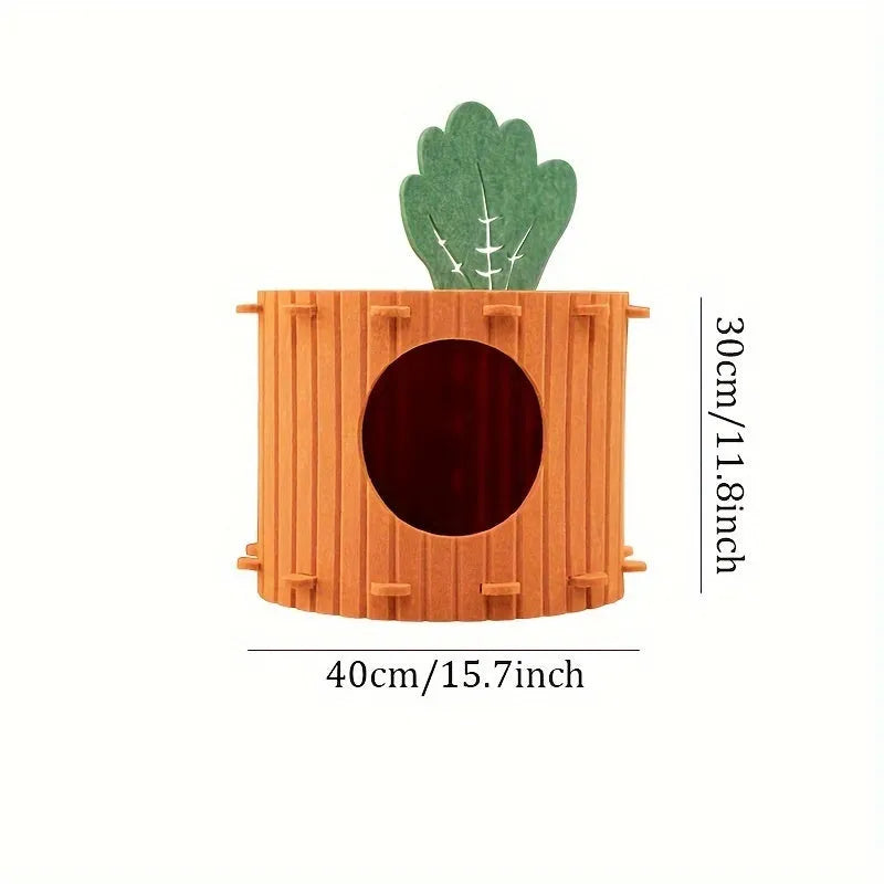 Carrot-shaped felt cat nest with tunnel entry in medium and large sizes