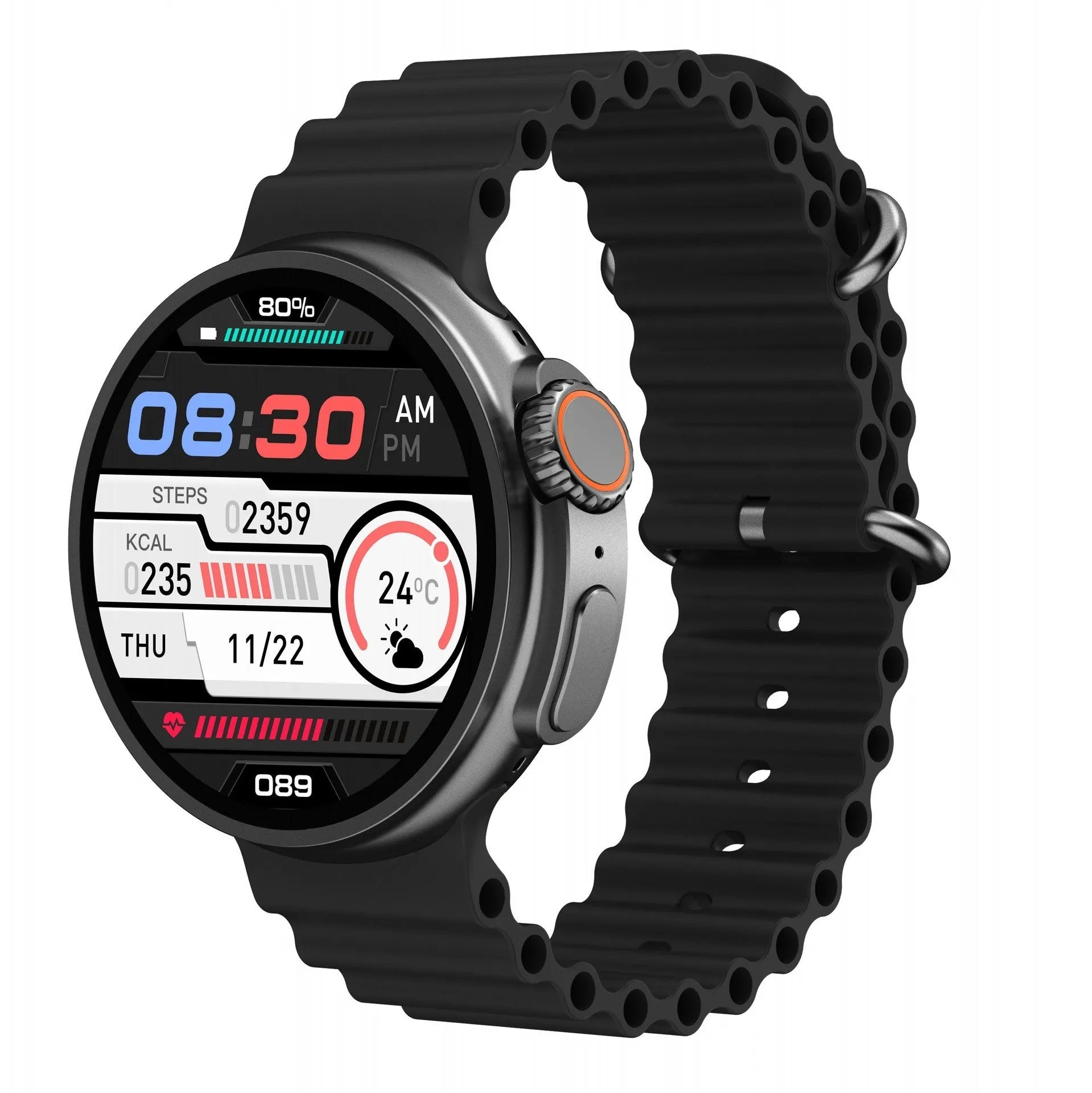 K9 Smart Watch in black on wrist, showing round screen with fitness stats