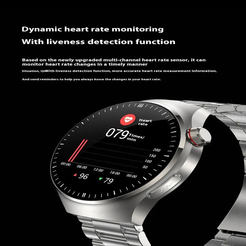 Bluetooth calling smart watch with AMOLED screen and black steel strap showing health monitoring features
