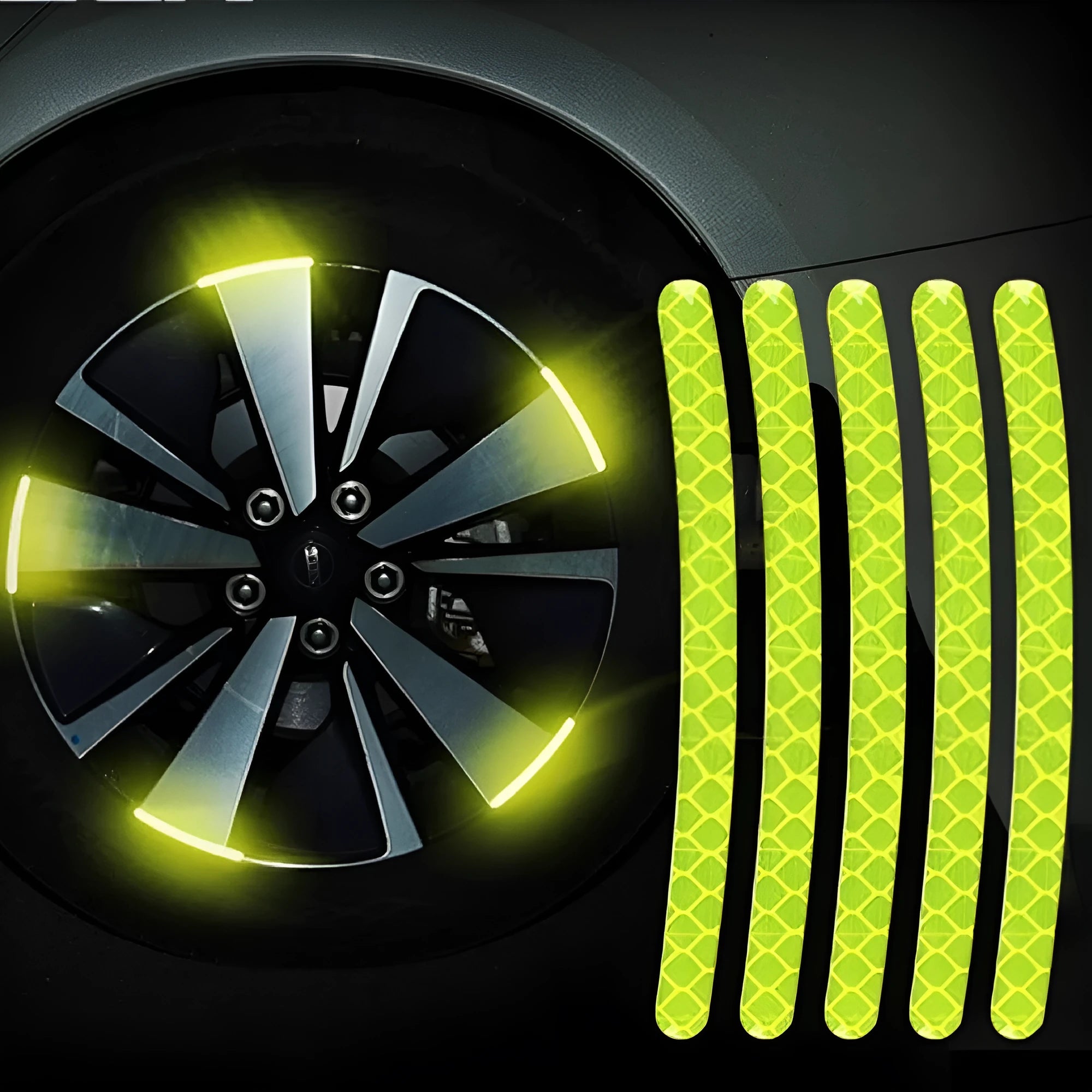 Pack of 20 arc-shaped reflective PVC stickers for car wheel hubs in various colour options