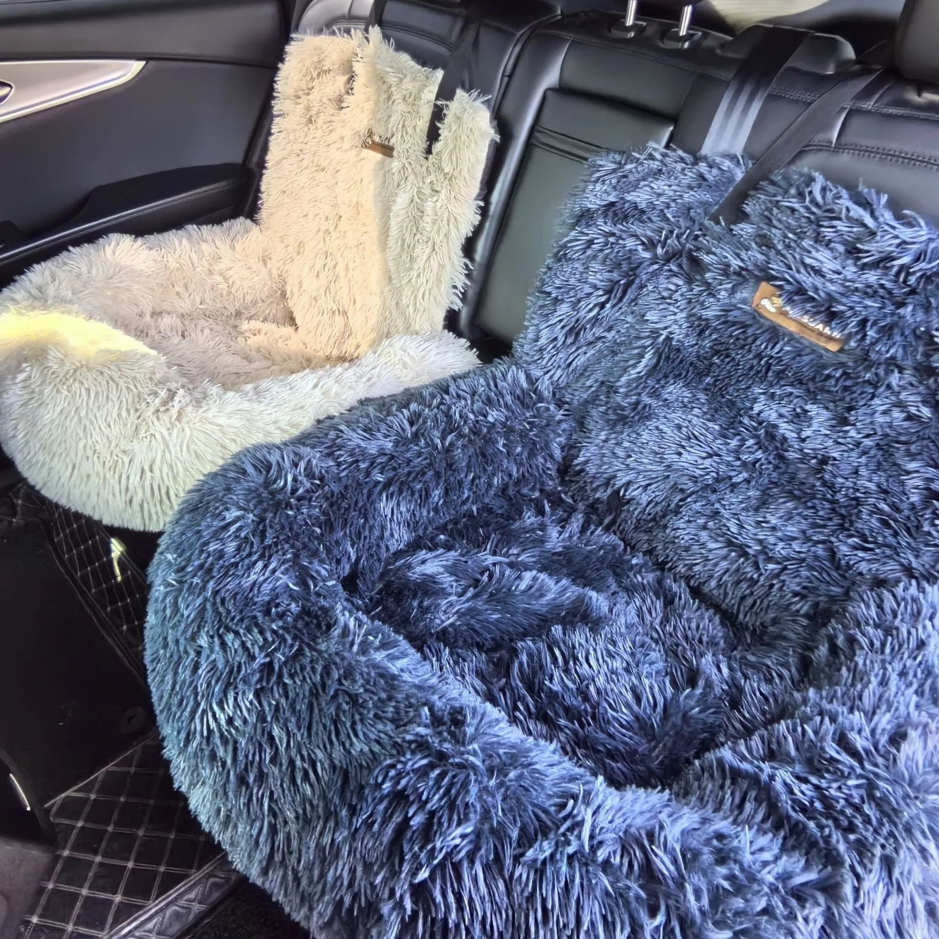 Thickened cloth vehicle pet mat shown on a car seat in beige and dark grey colour options.