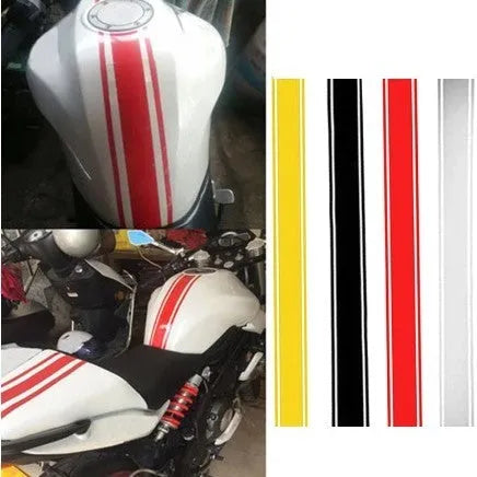 Motorcycle gas tank lid reflective pinstripe stickers in four colours showing dimensions and application