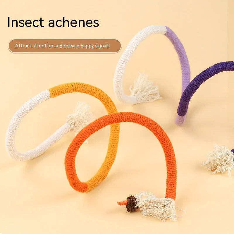 Cat bite rope toy in cotton thread with cat teaser stick, available in full orange absolute purple and traffic lights colours