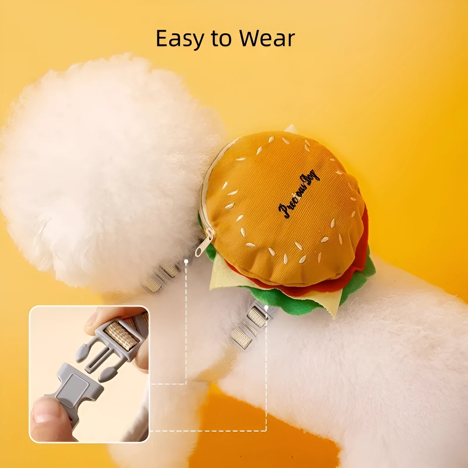 Cartoon hamburger chips design adjustable escape-proof vest leash rope for a dog.