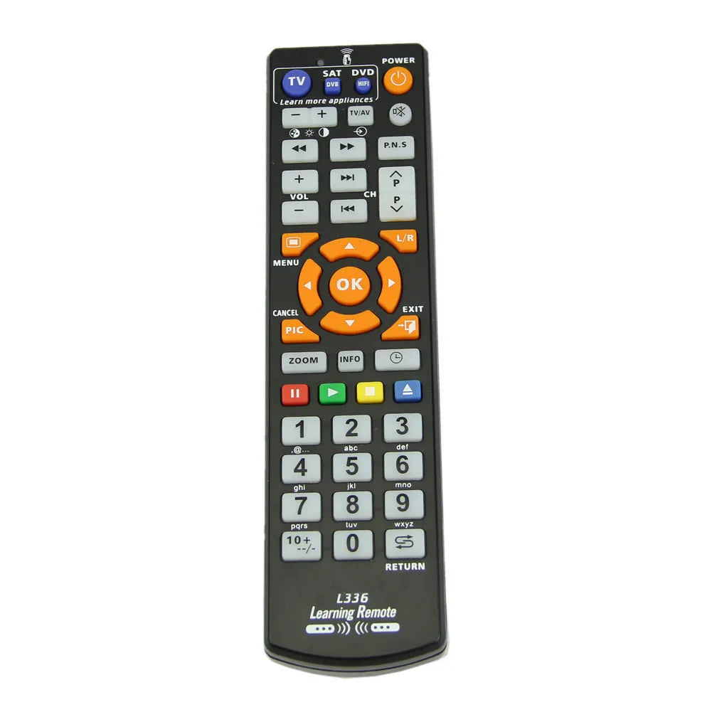 Black L336 universal learning remote control showing button layout and infrared transmitter