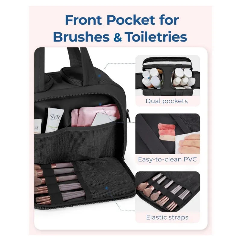 Large beige travel toiletry bag with wide open top, shown next to cosmetic bottles.