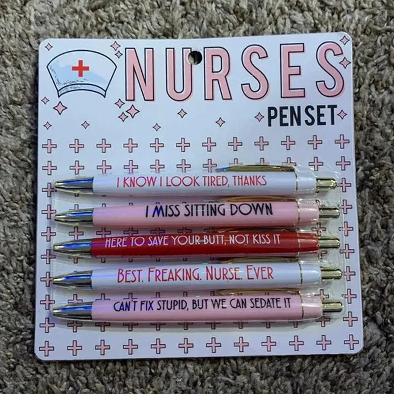 Five nurse theme ballpoint pens with retractable mechanisms and medical humour text