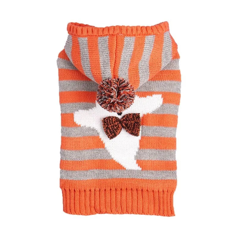 Orange striped hooded pet sweater with fur ball decoration for Halloween costumes