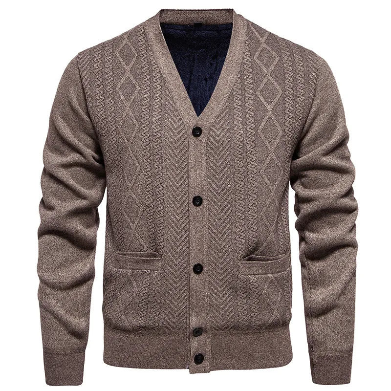 Men's striped cardigan sweater with long sleeves and wool lining in multiple colour options