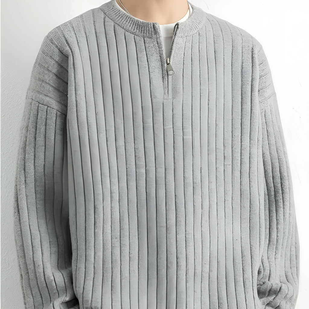 Men's grey loose half zip sweater with textured knit and long sleeves