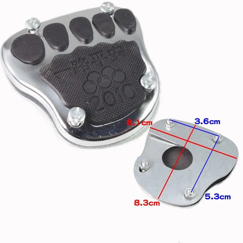 Metal motorcycle brake pedal skid plate showing three design options for universal fit