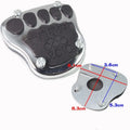 Metal motorcycle brake pedal skid plate showing three design options for universal fit