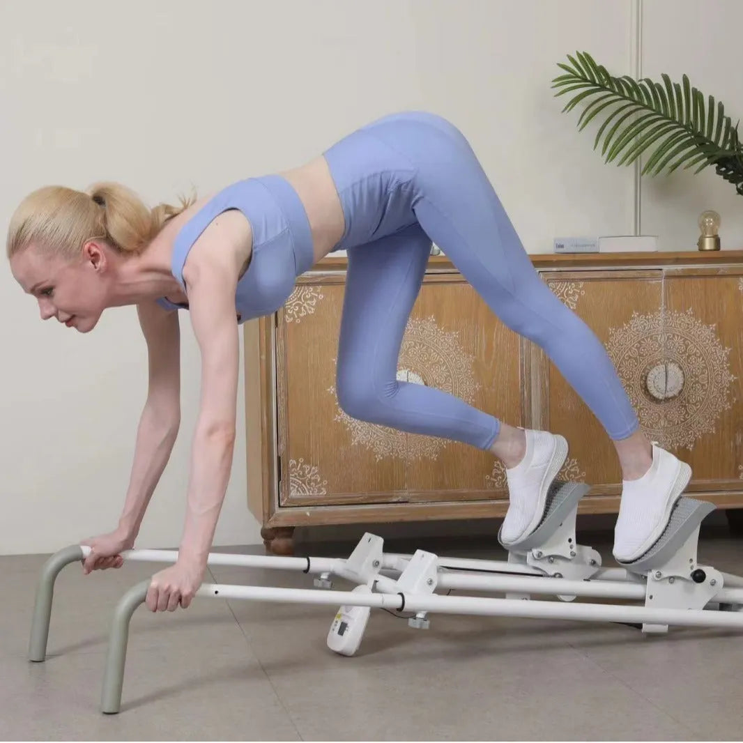 White folding treadmill with climbing frame attachment for multi-function home fitness exercise