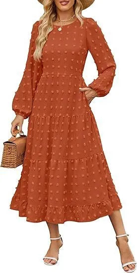 Women's beige long sleeve casual dress with ruffled sleeves and a high waist.