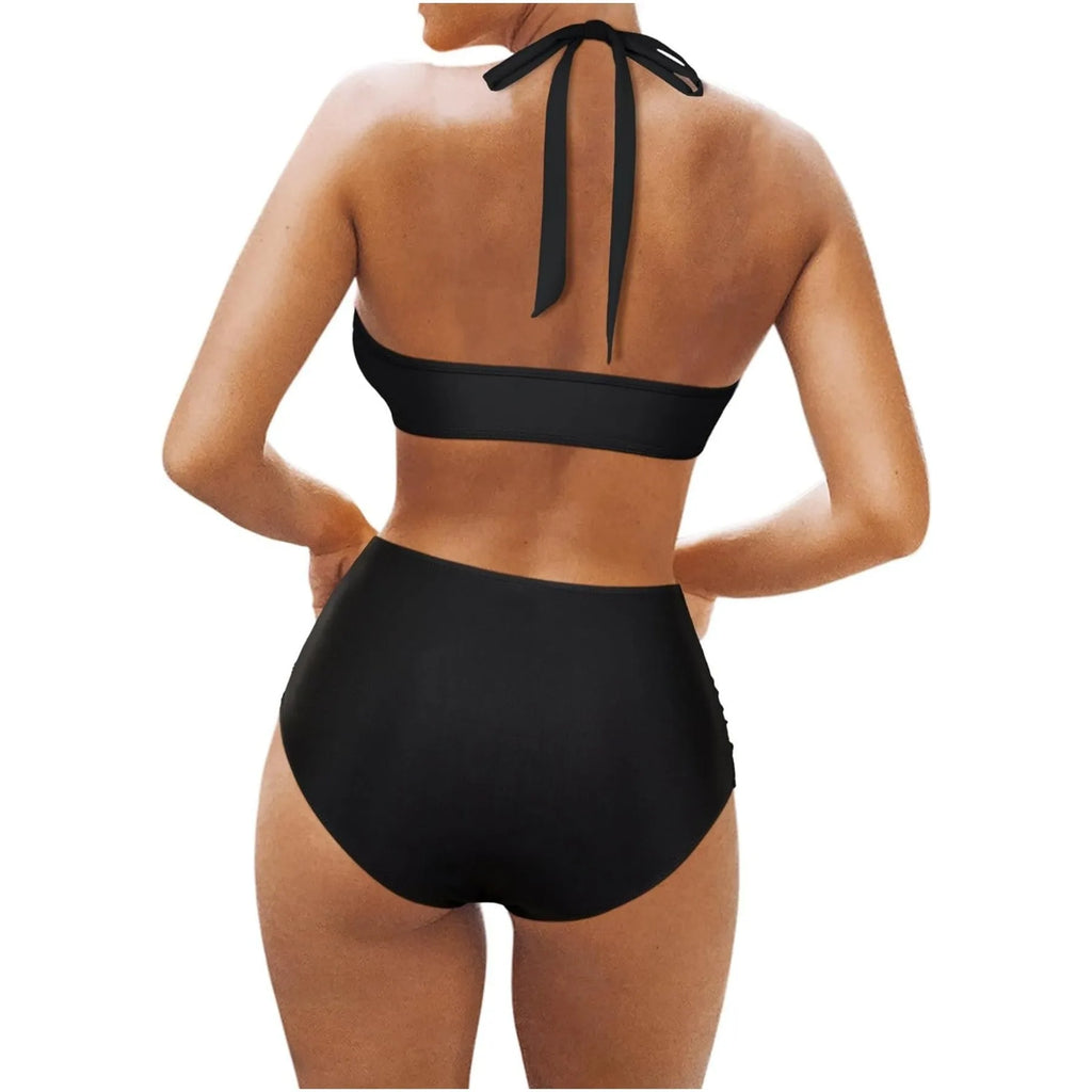 Women's black polyester fibre bikini swimsuit with brief-style bottom on a mannequin.