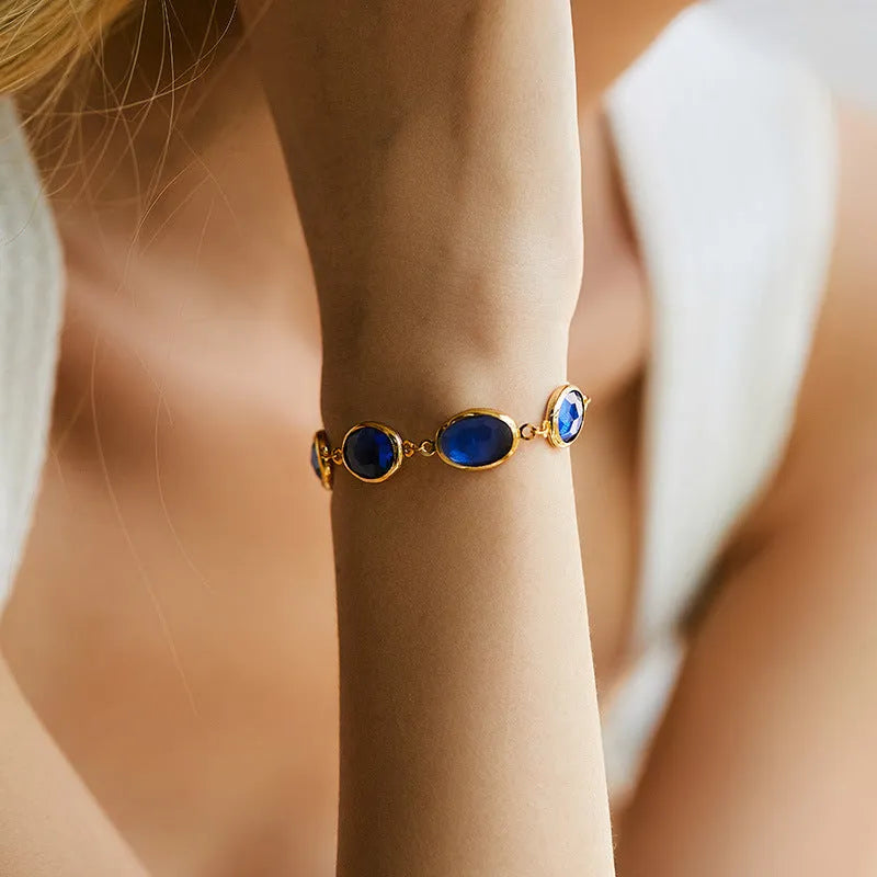 Geometric women's copper bracelet with glass inlay in blue, green, and multicolor options