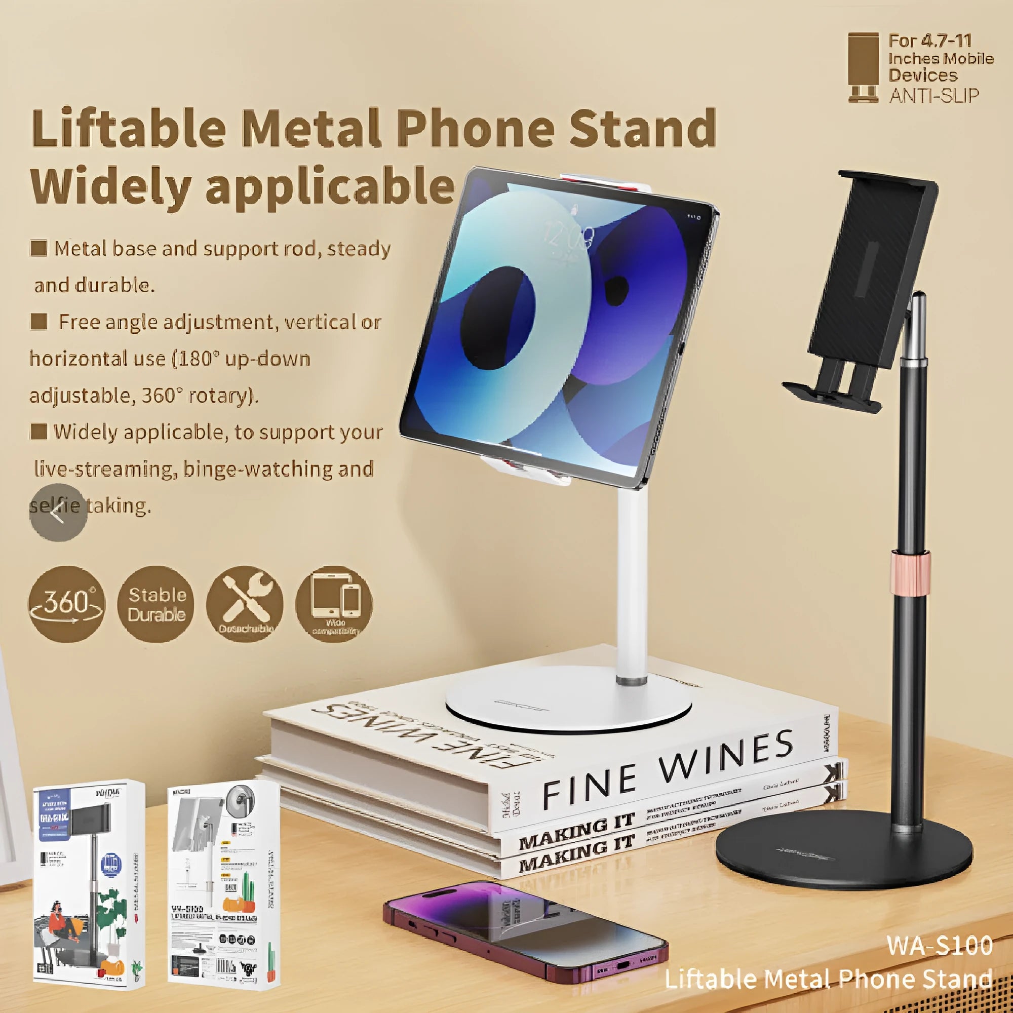 Black metal tablet bracket with telescopic lifting mechanism extended to full 200mm height