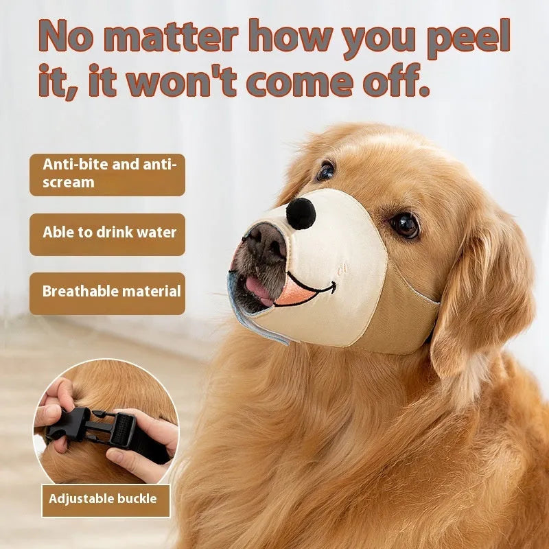 Canvas dog muzzle mouth cover anti-bite product in Ollie Brown Bear colour showing size options for dogs 3kg to 50kg