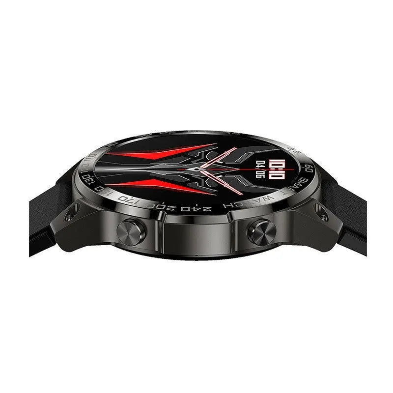 Bluetooth sports watch with round AMOLED screen and silicone strap showing heart rate monitoring display