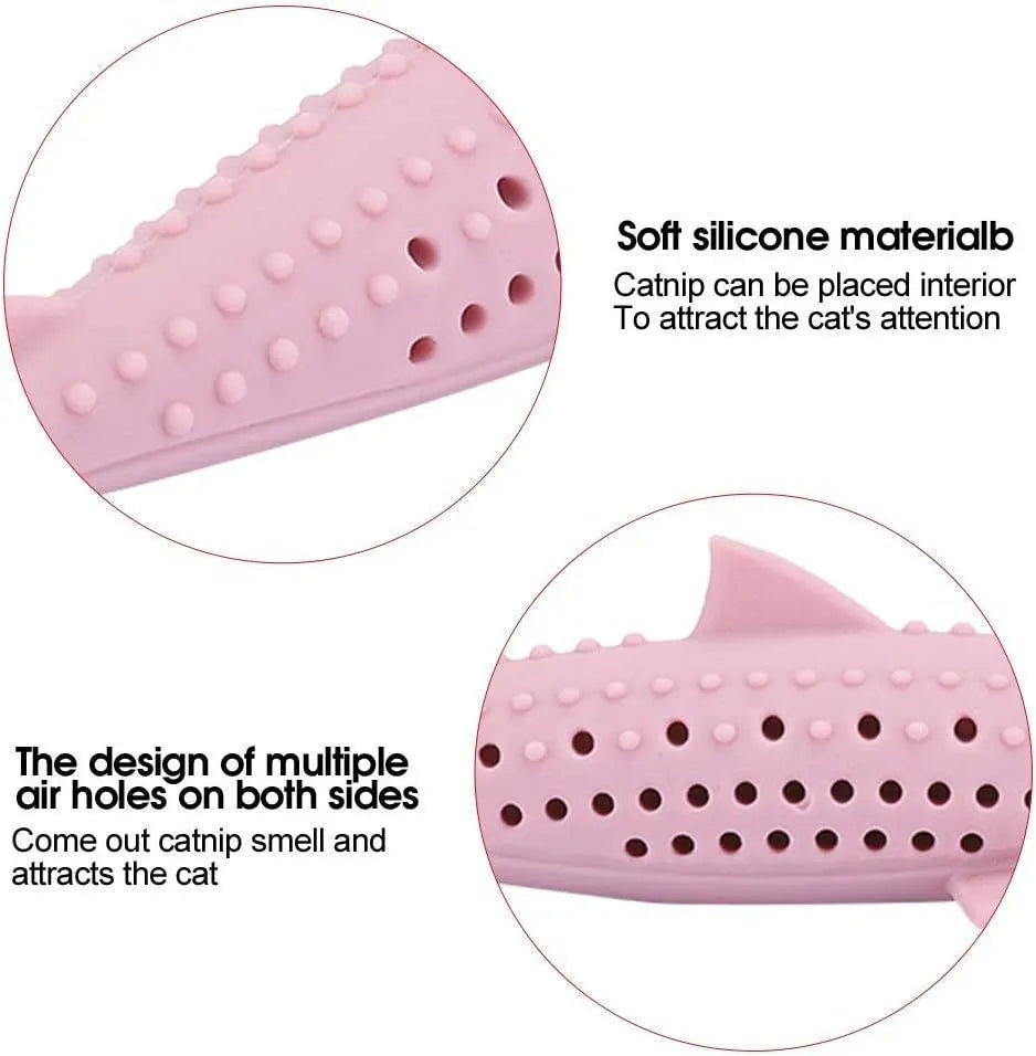 Green silicone fish-shaped chew toy for cats with side holes for catnip scent