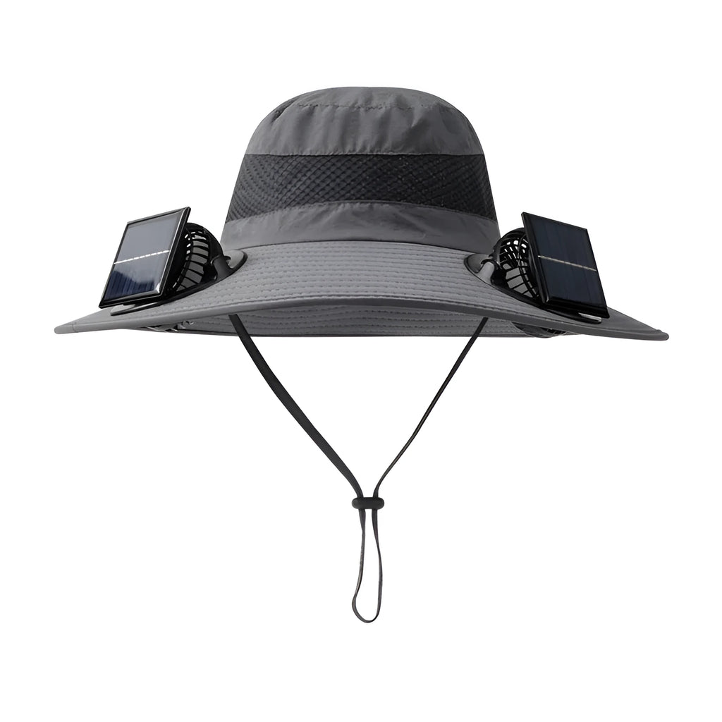 Man wearing a beige solar-powered fan hat with a neck flap outdoors.