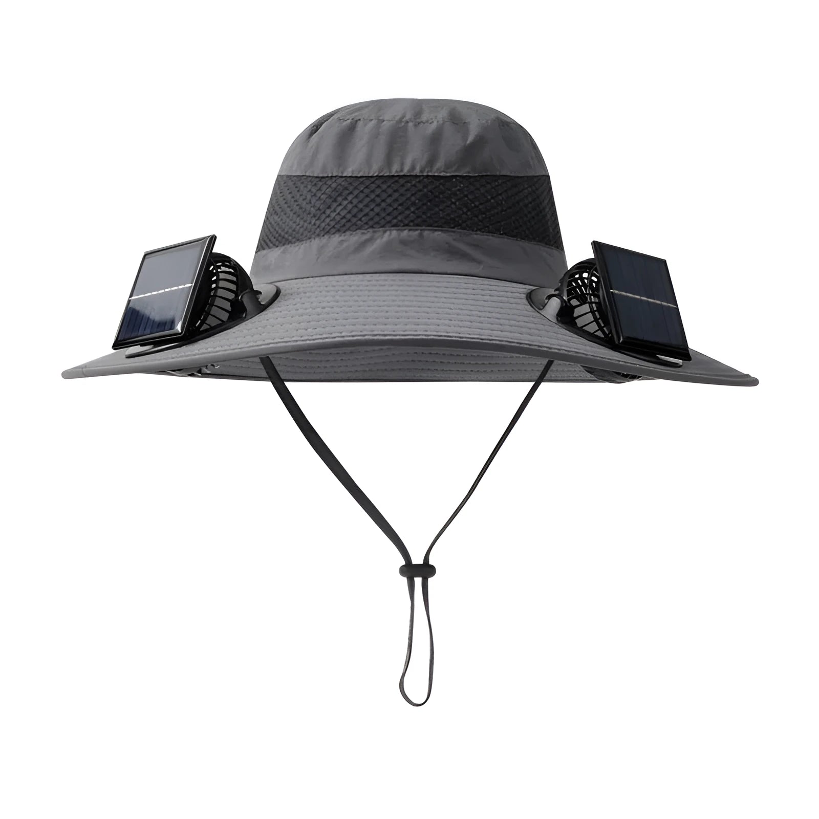 Man wearing a beige solar-powered fan hat with a neck flap outdoors.