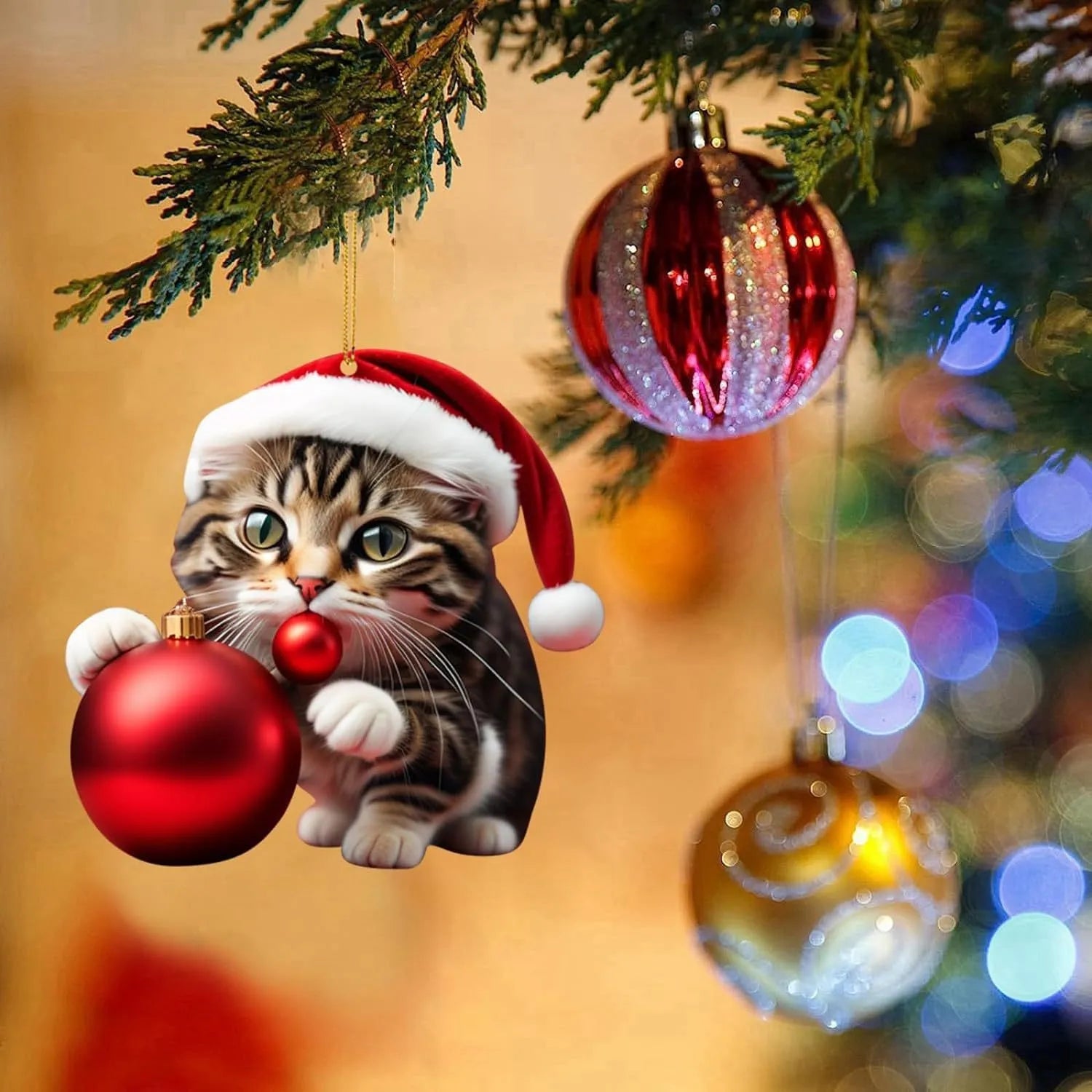 Clear acrylic car hanging ornament with a colourful printed cartoon kitten, shown in one of ten available styles.