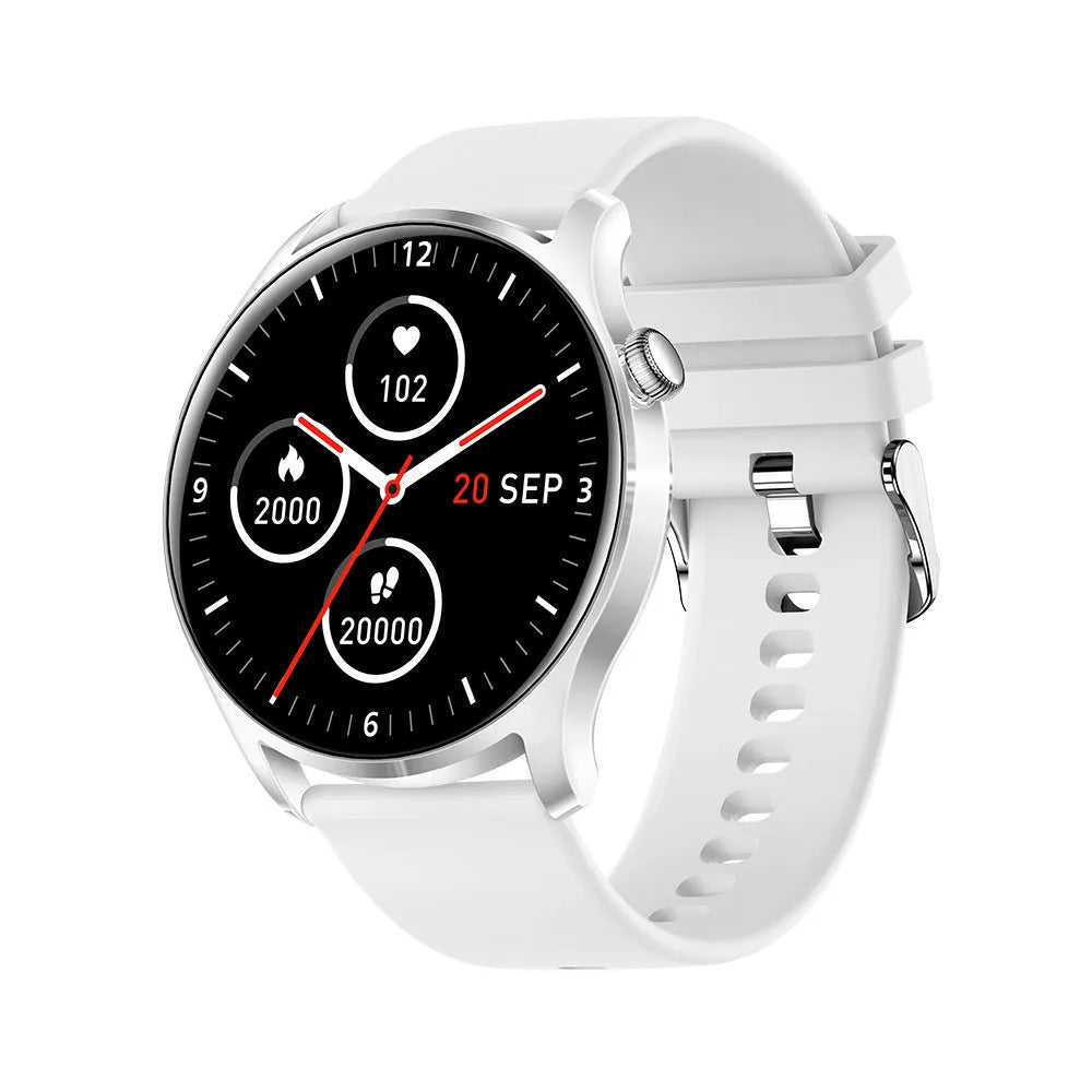 Smart watch with 1.3-inch screen displaying heart rate monitoring interface on silicone wristband