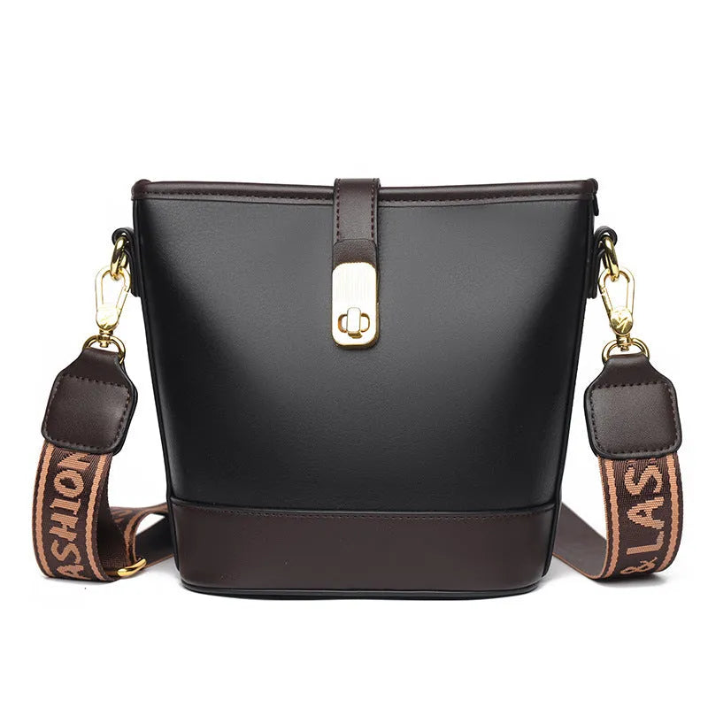 Korean style women's bucket bag in black with double shoulder straps and internal organiser compartments