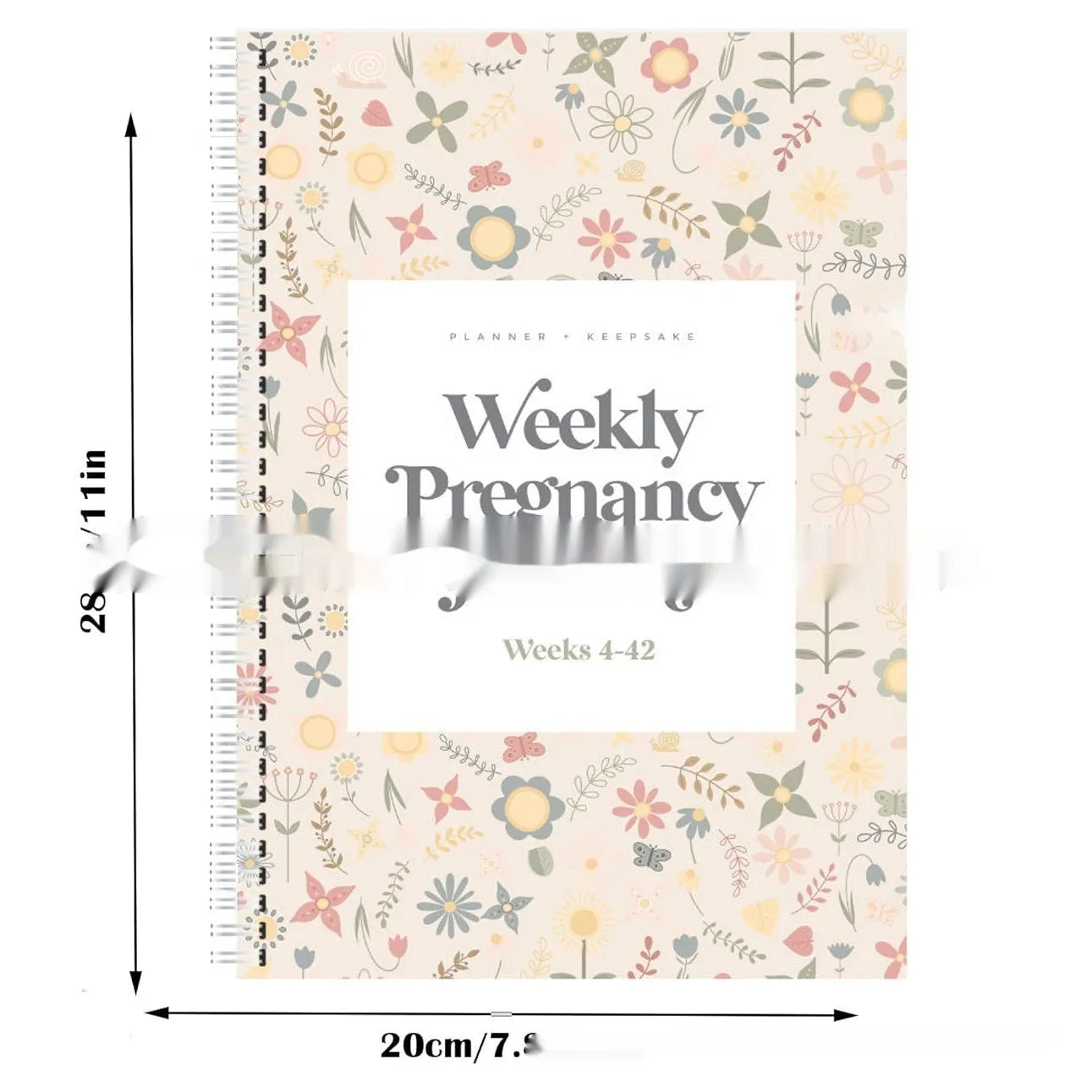 A5 pregnancy diary notebook open to weekly pregnancy tracking pages
