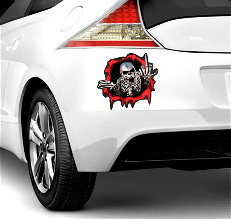 Reflective metal skull car sticker with colourful broken shell design measuring 15cm by 14cm