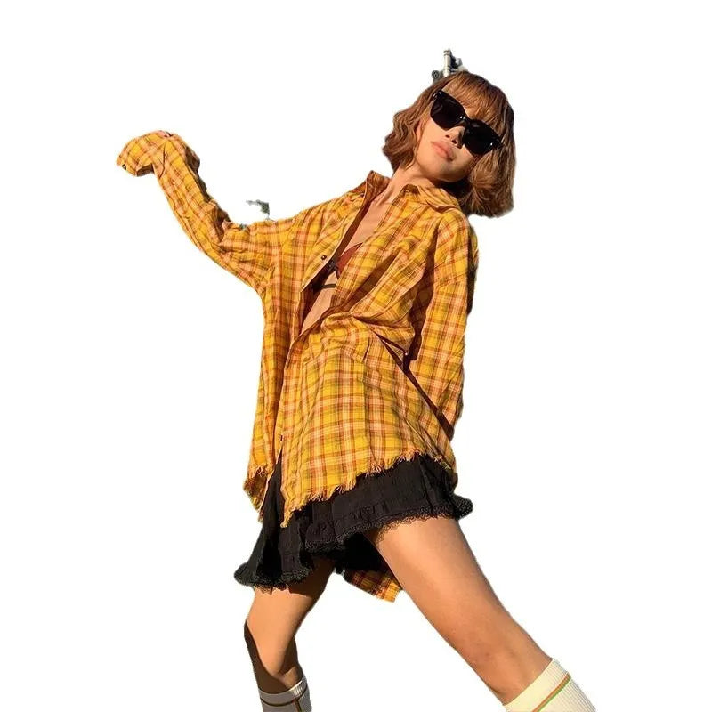 Dopamine yellow plaid shirt with loose cardigan fit and chemical fibre blend fabric