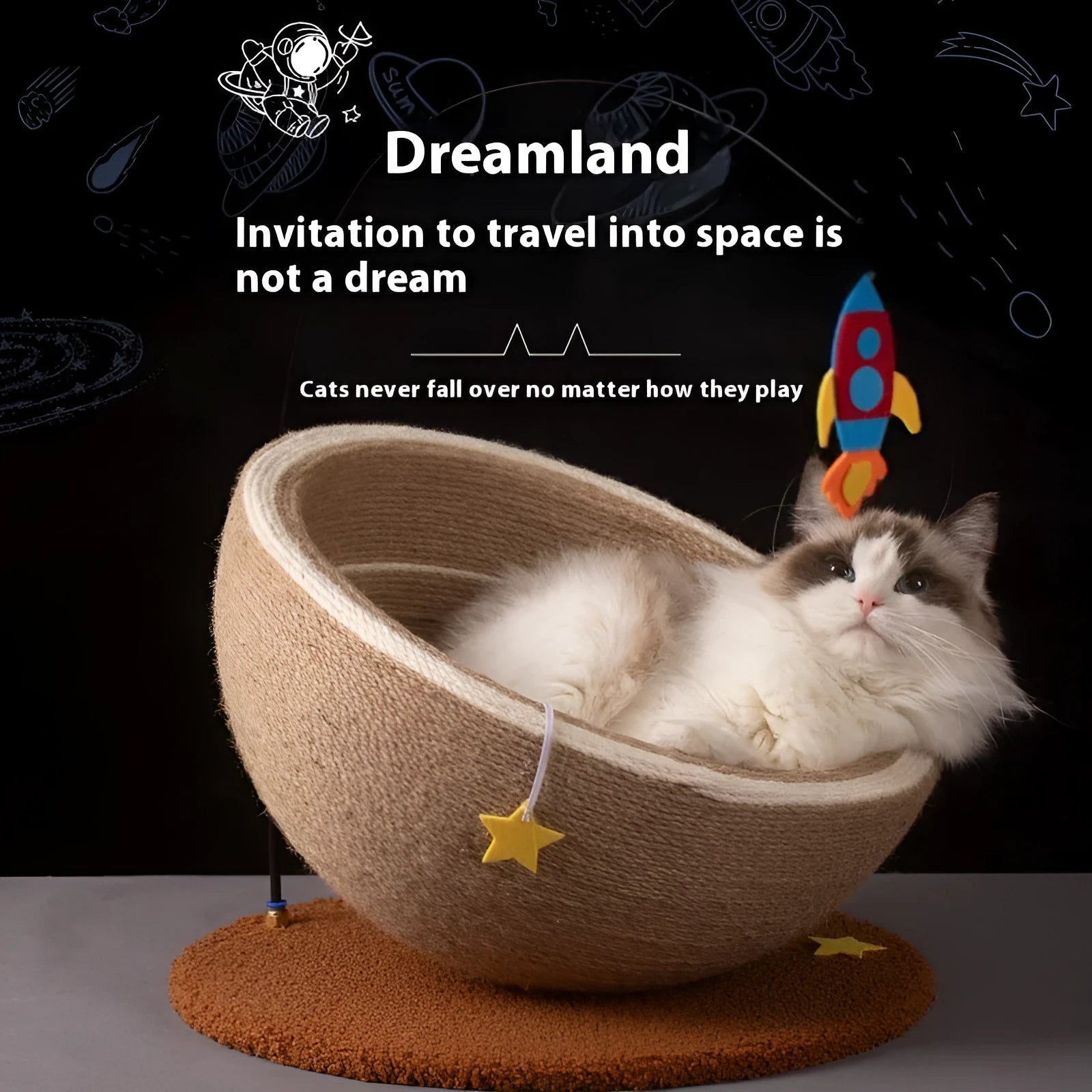 Large integrated cat scratching basin and nest with sisal rope scratching surface and flannel bed in starlight pattern