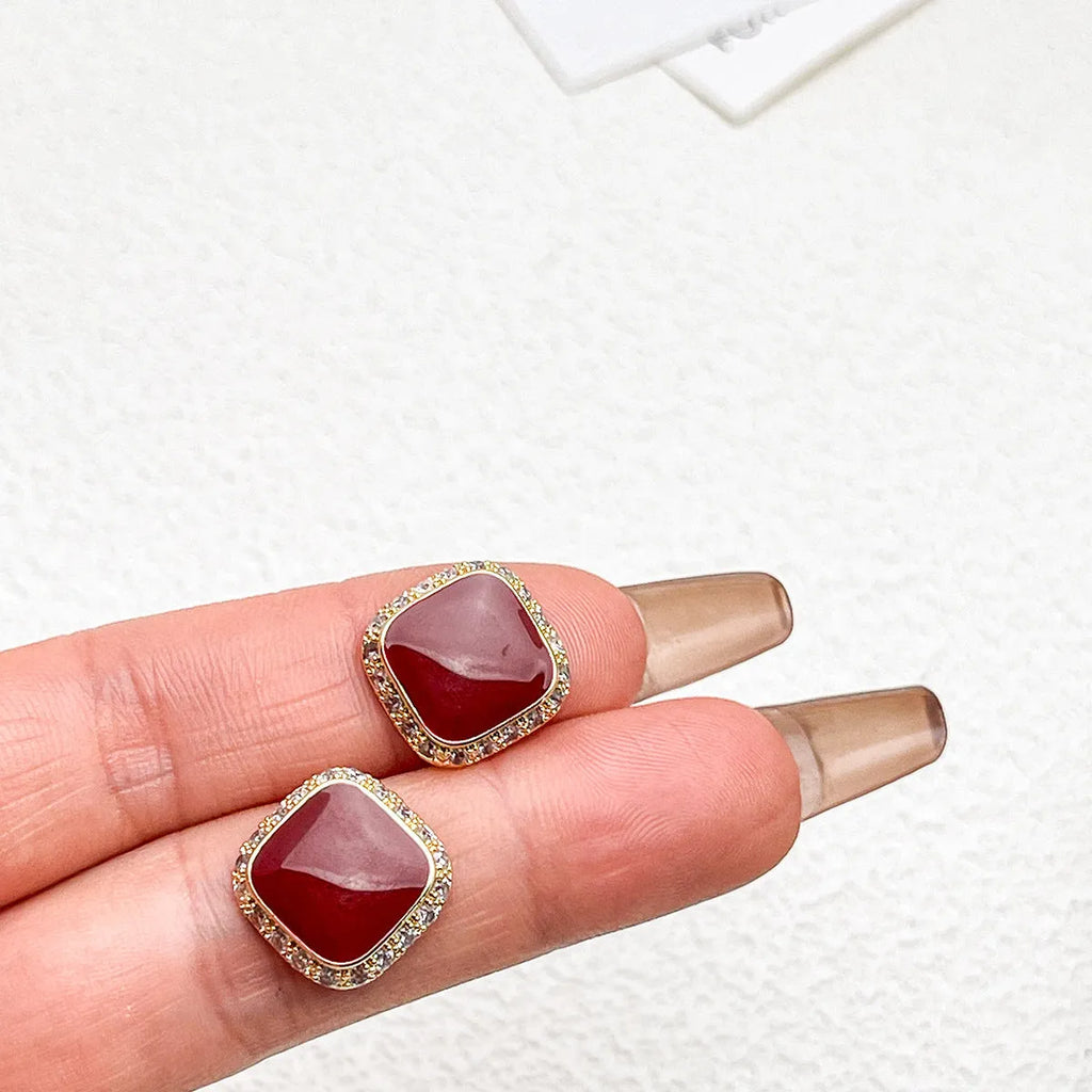 Red alloy plate earrings with inlaid square geometric design for women