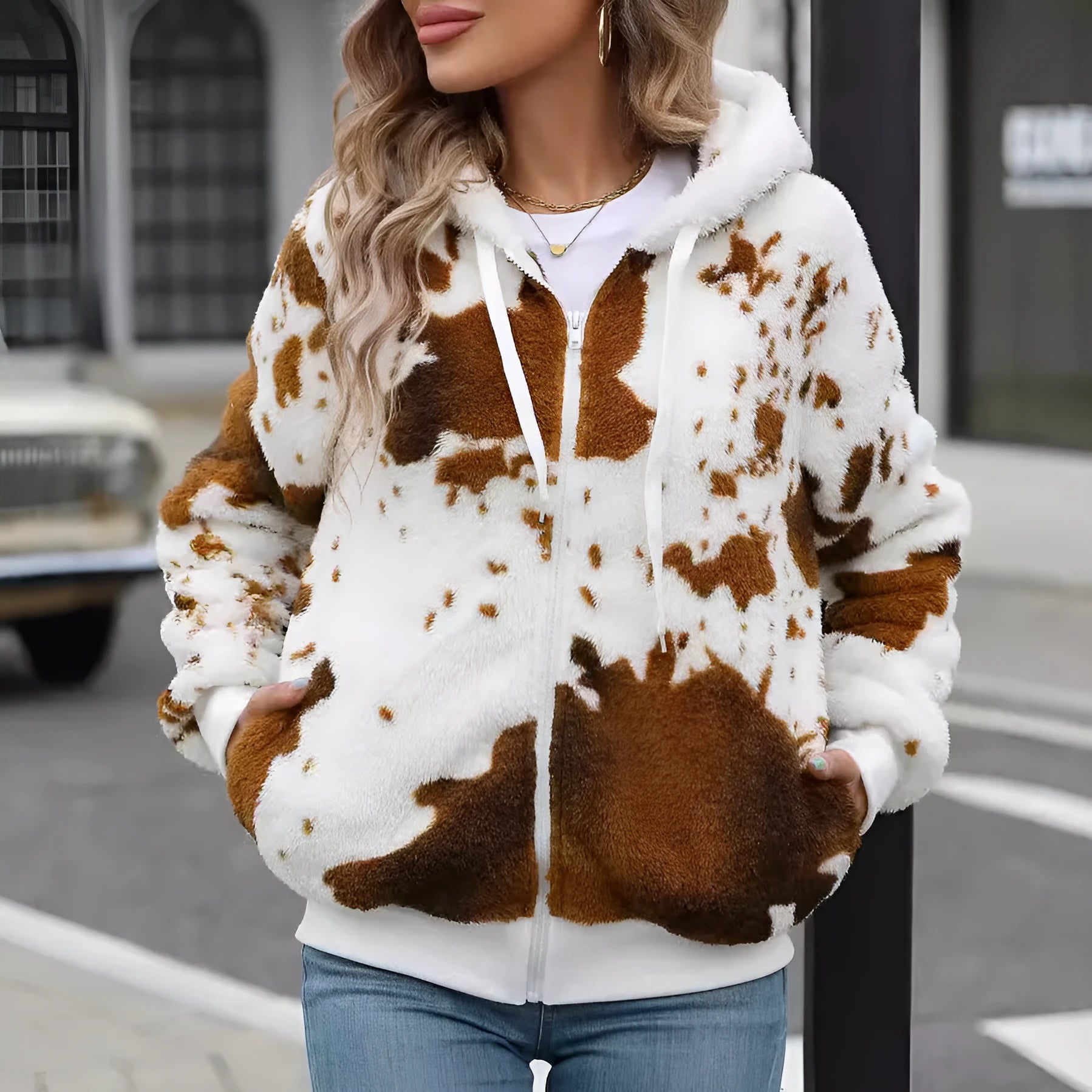 Yellow brown cow print hooded zip up cardigan jacket in plush polyester fabric.