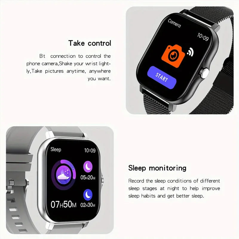 Smart watch with colour touchscreen on a silicone strap, showing a call interface and health metrics.