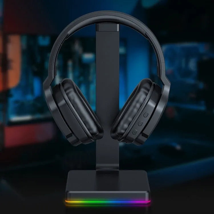 Luminous black wireless gaming headphones showing head-mounted design with adjustable headband and ear cups