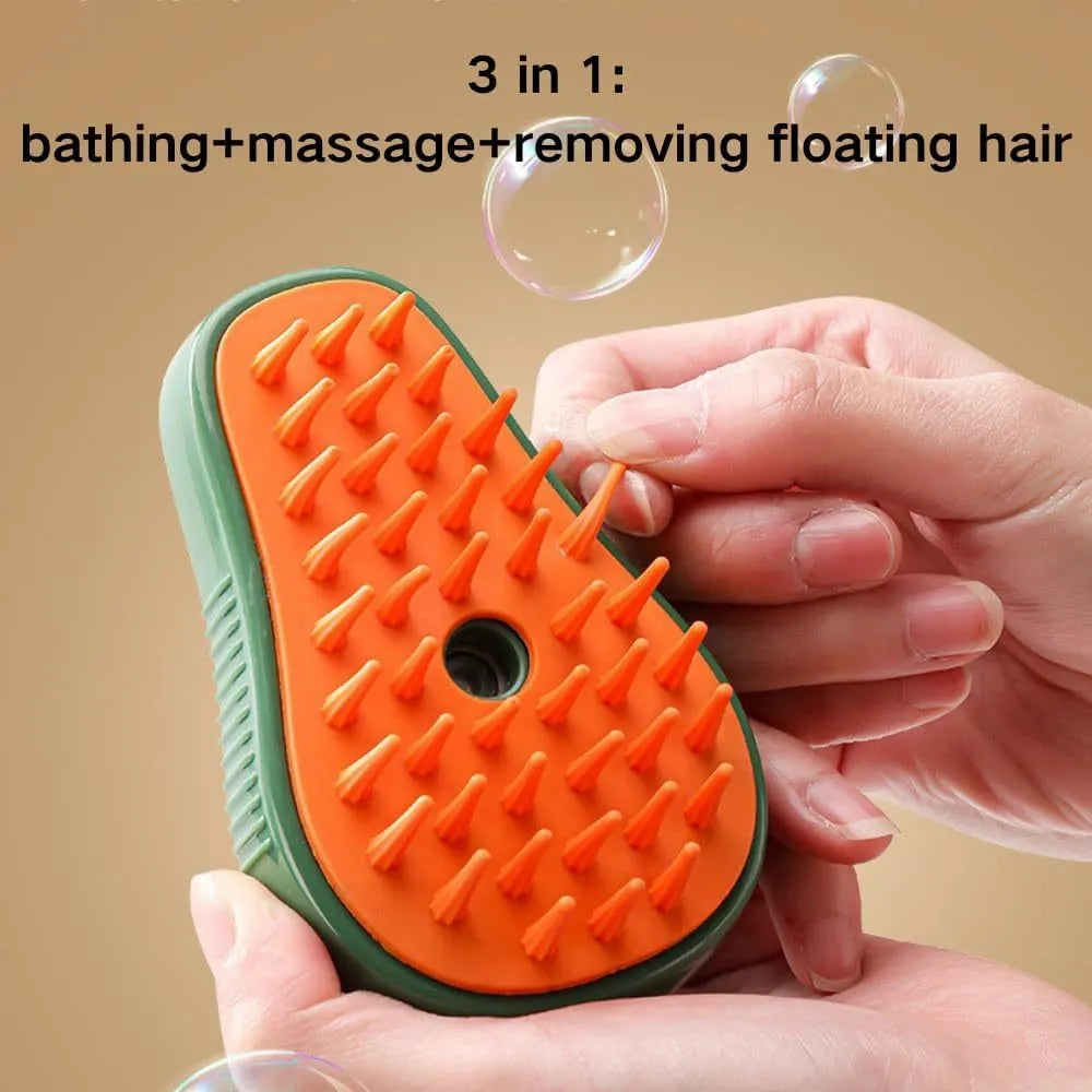 Green and white rechargeable cat steam grooming brush with silicone teeth and water spray nozzle.