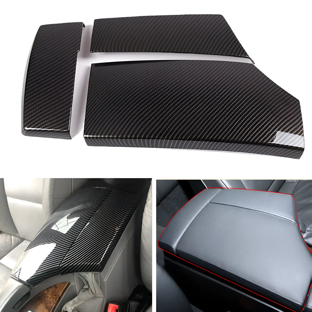 Three-piece set of black ABS armrest box protective covers with shiny carbon fibre pattern for car centre console.