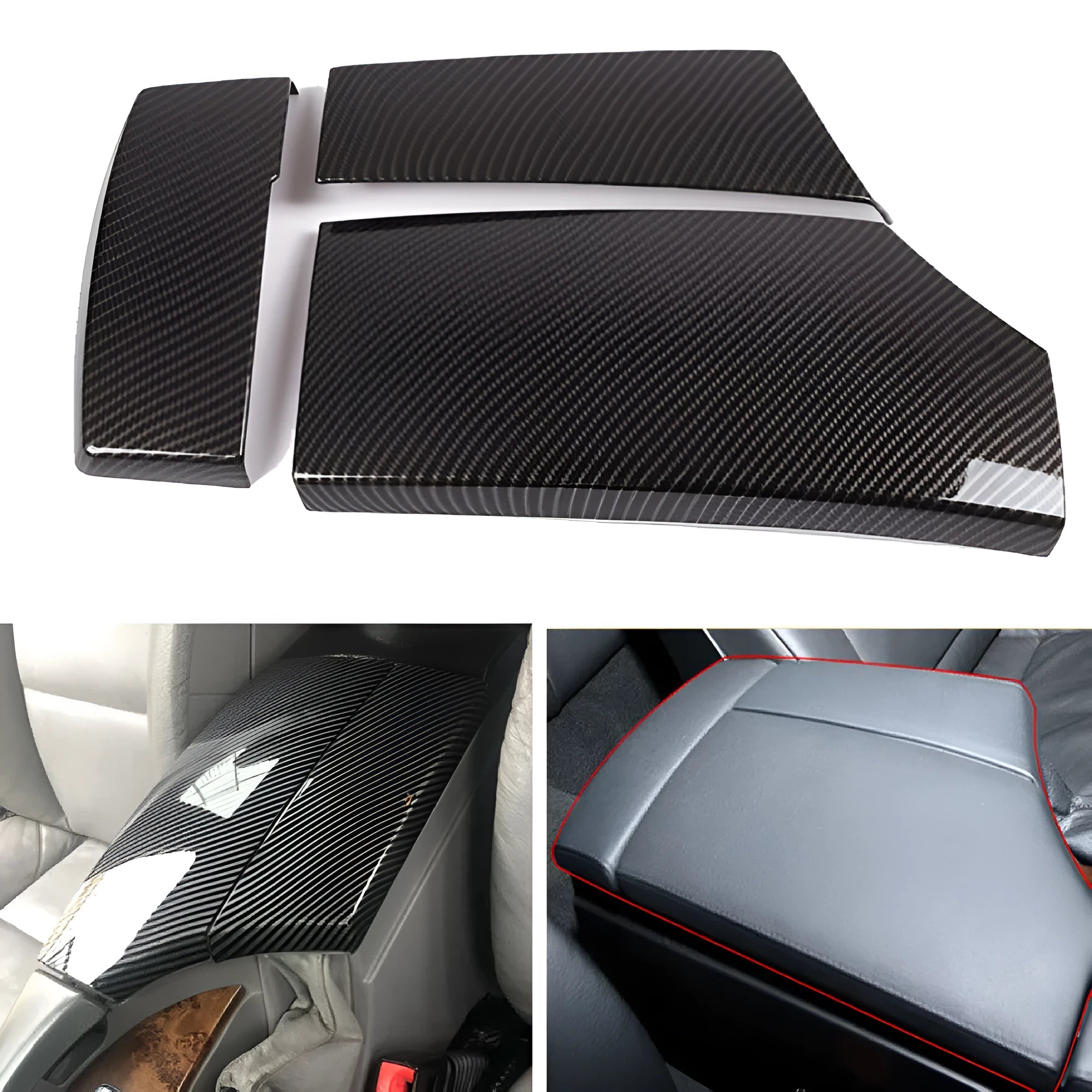 Three-piece set of black ABS armrest box protective covers with shiny carbon fibre pattern for car centre console.