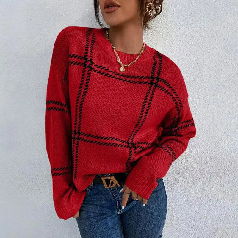 Women's loose fit plaid pullover sweater with apricot, black, beige, red, and green colour-block stripes