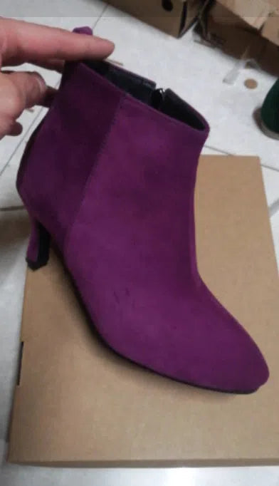 Women's Suede Boots - Pointed Toe High Heel Ankle Boots, Brown Leather Look Boots, Low Shaft Cotton Lined Boots for Women, Available in Green and Purple Sizes 34-43