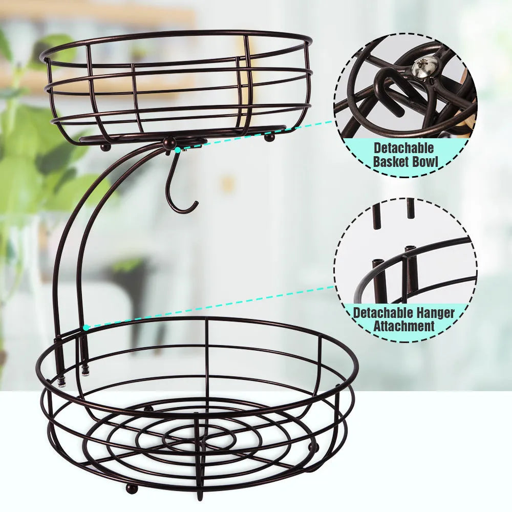 Black wrought iron double-layer fruit basket with open wire sides for storing fruits and vegetables.